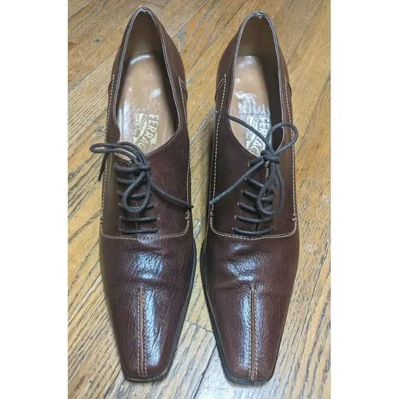 Salvatore Ferragamo‎ Brown Brogue Leather Platform Pumps Size 10B Style DQ96651